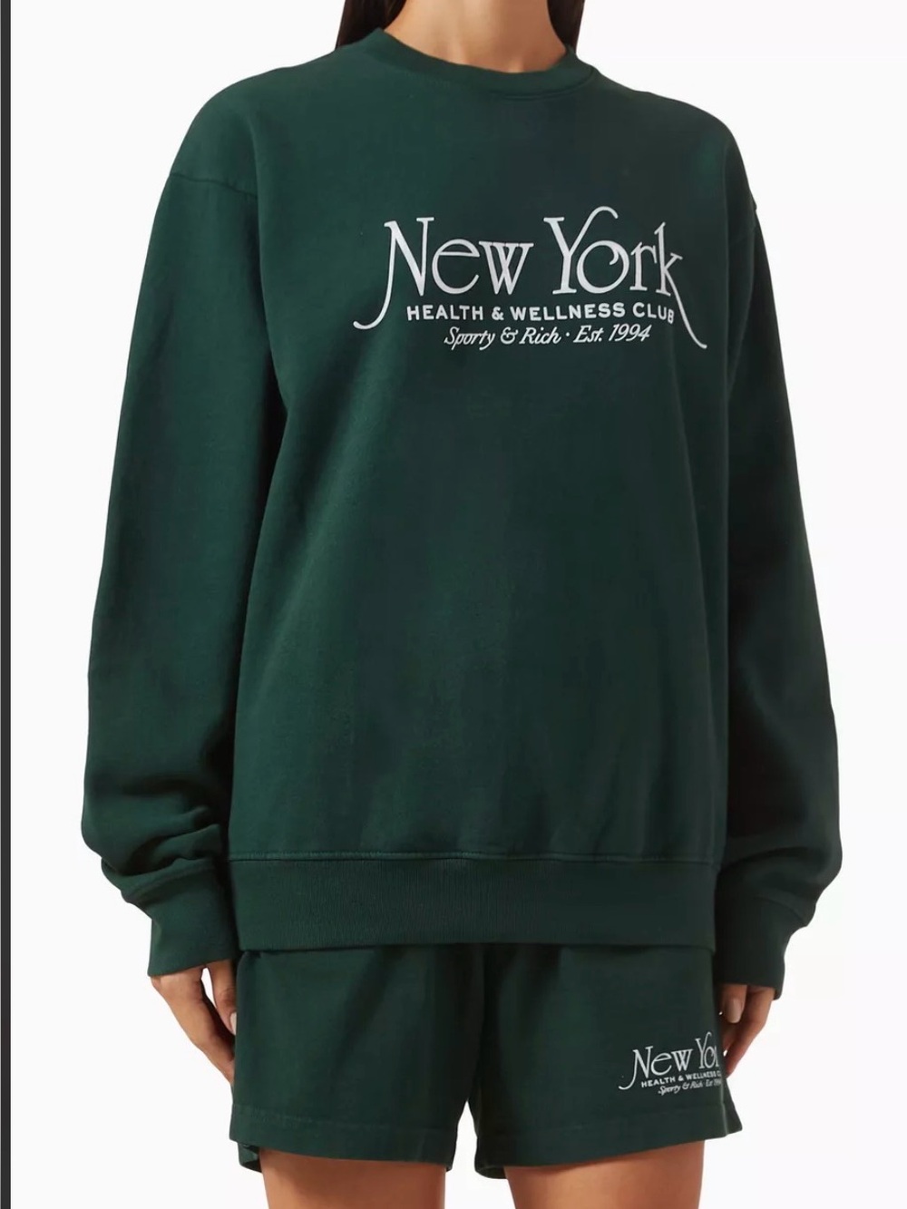Sporty & Rich Dark Green Crewneck Sweatshirt and Shorts with White New York Logo
